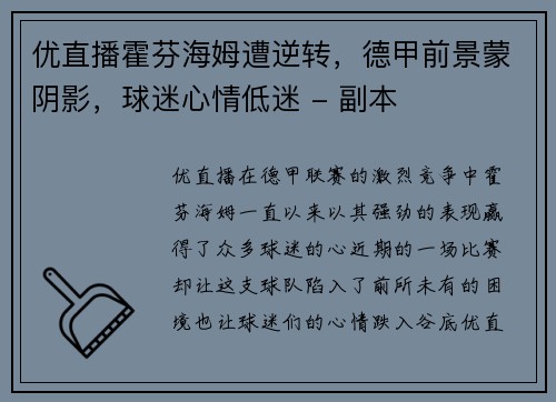 优直播霍芬海姆遭逆转，德甲前景蒙阴影，球迷心情低迷 - 副本